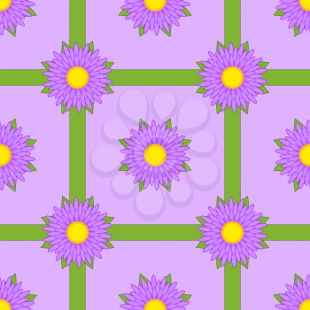 Seamless pattern of purple flowers with ribbons and leaves on a purple background.