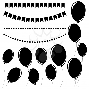Set of flat black isolated silhouettes of balloons on ropes and garlands of flags.