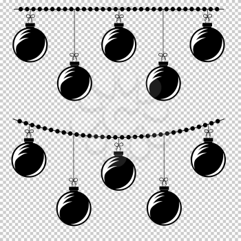 Flat black isolated string of circles attached to her Christmas decorations. Set of two options. Black silhouette on a transparent background.