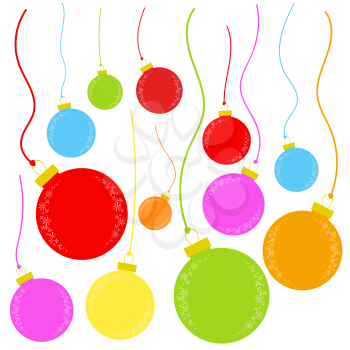 Flat colored set of isolated Christmas toys in the form of balls on thin ropes. Simple design for processing.
