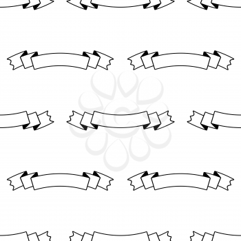 Seamless pattern of flat white curved ribbons of banners with a black stroke. On a white background.
