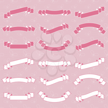 Set of flat pink and white silhouettes isolated ribbons banners on a light background