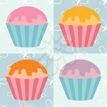A set of flat colored isolated pastries with glaze of various colors. In striped baskets. On a blue background with abstract silhouettes of butterflies.