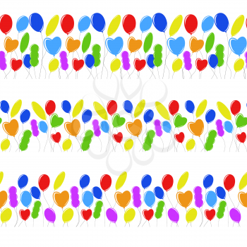 Seamless border of flat colored isolated balloons in different shapes. Simple flat vector illustration. Suitable for greeting card and magazines