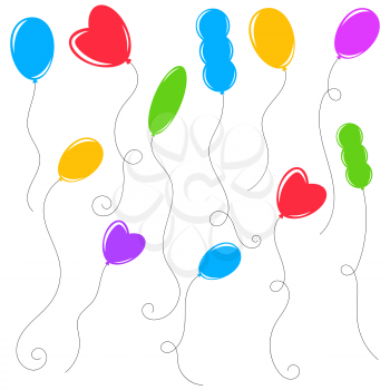 Set of flat colored isolated balloons of different shapes on a white background. Simple flat vector illustration. Suitable for design, advertising, holidays, cards.