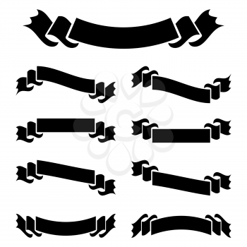 A set of flat black isolated silhouettes of ribbons banners on white background