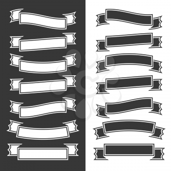 Set of flat isolated black and white ribbons and banners on white and black background. Simple flat vector illustration. With place for text. Suitable for infographics, design, advertising, festivals.