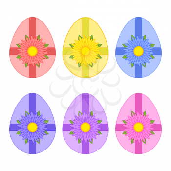 A set of colored isolated Easter eggs tied with ribbons and a flower on a white background. Simple flat vector illustration. Suitable for decoration of postcards, advertising, magazines, websites.