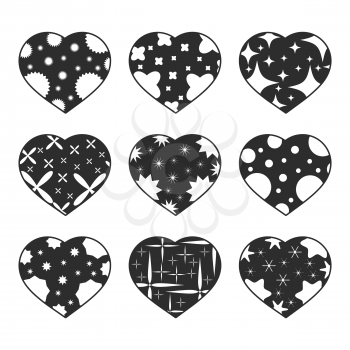 Set of black isolated hearts on a white background. With abstract pattern. Simple flat vector illustration. Suitable for greeting card, weddings, holidays, sites.