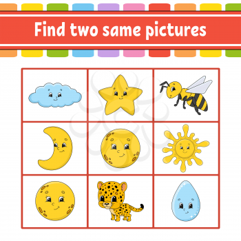 Find two same pictures. Task for kids. Education developing worksheet. Activity page. Game for children. Funny character. Isolated vector illustration. Cartoon style.