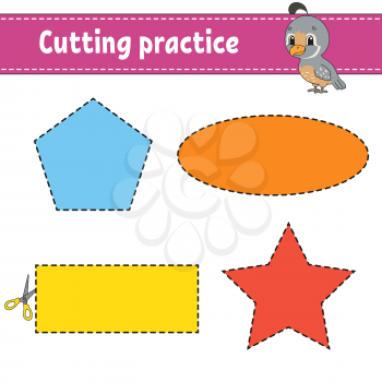 Cutting practice for kids. Education developing worksheet. Activity page with pictures. Game for children. Isolated vector illustration. Funny character. Cartoon style