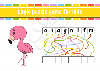 Logic puzzle game. Learning words for kids. Find the hidden name. Education developing worksheet. Activity page for study English. Game for children. Isolated vector illustration. Cartoon style.