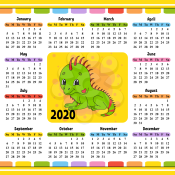 Calendar for 2020 with a cute character. Fun and bright design. Isolated vector illustration. Cartoon style.