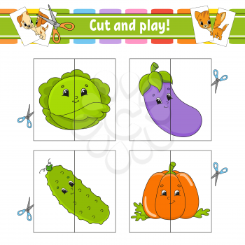 Cut and play. Flash cards. Color puzzle. Education developing worksheet. Activity page. Game for children. Funny character. Isolated vector illustration. Cartoon style.