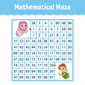 Mathematical maze. Game for kids. Funny labyrinth. Education developing worksheet. Activity page. Puzzle for children. Cartoon style. Riddle for preschool. Color vector illustration