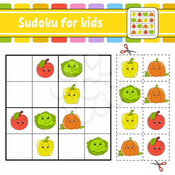Sudoku for kids. Education developing worksheet. Activity page with pictures. Puzzle game for children. Logical thinking training. Isolated vector illustration. Funny character. Cartoon style