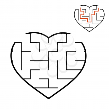 Black labyrinth heart. Game for kids. Puzzle for children. Maze conundrum. Valentine's Day. Flat vector illustration isolated on white background. With answer