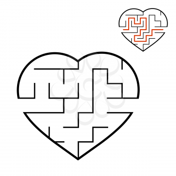 Black labyrinth heart. Game for kids. Puzzle for children. Maze conundrum. Valentine's Day. Flat vector illustration isolated on white background. With answer