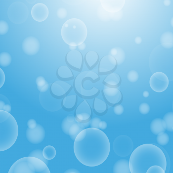 Light blue abstract background with a bokeh in the form of circles. Underwater world with air bubbles. Vector illustration