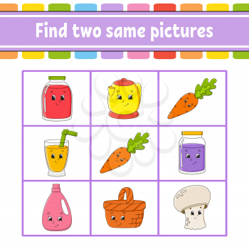 Find two same pictures. Task for kids. Education developing worksheet. Activity page. Game for children. Funny character. Isolated vector illustration. Cartoon style