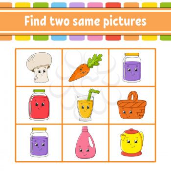 Find two same pictures. Task for kids. Education developing worksheet. Activity page. Game for children. Funny character. Isolated vector illustration. Cartoon style