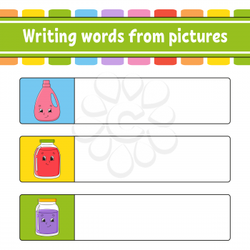 Writing words from pictures. Education developing worksheet. Learning game for kids. Activity page. Puzzle for children. Riddle for preschool. Isolated vector illustration. Cartoon style