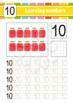 Learning numbers for kids. Handwriting practice. Education developing worksheet. Activity page. Game for toddlers and preschoolers. Isolated vector illustration in cute cartoon style
