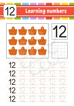 Learning numbers for kids. Handwriting practice. Education developing worksheet. Activity page. Game for toddlers and preschoolers. Isolated vector illustration in cute cartoon style