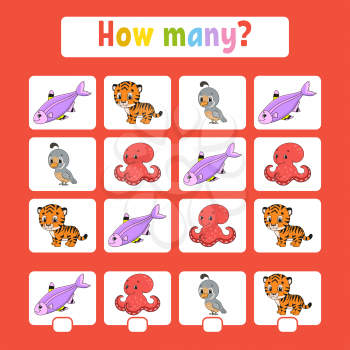 Counting game for children of preschool age. Learning mathematics. How many animals in the picture. With space for answers. Simple flat isolated vector illustration in cute cartoon style