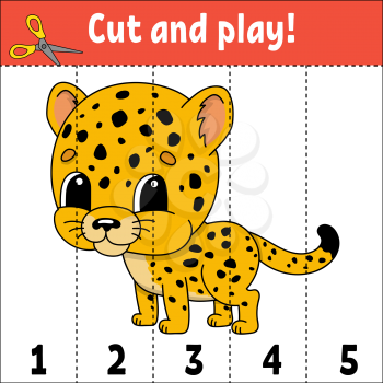 Learning numbers. Cut and play. Education developing worksheet. Game for kids. Activity page. Puzzle for children. Riddle for preschool. Flat isolated vector illustration. Cute cartoon style