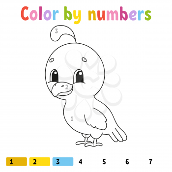 Color by numbers. Coloring book for kids. Cheerful character. Vector illustration. Cute cartoon style. Hand drawn. Fantasy page for children. Isolated on white background