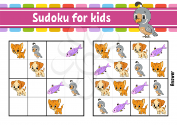 Sudoku for kids. Education developing worksheet. Activity page with pictures. Puzzle game for children and toddler. Logical thinking training. Isolated vector illustration. Cartoon style