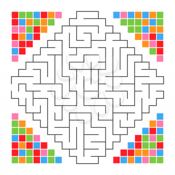 Abstract colored complex isolated labyrinth. Black color on a white background. An interesting game for children. With beautiful mosaic on the sides. Simple flat vector illustration.