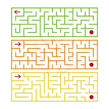 Abstract rectangular isolated labyrinth. There are three types in the set. Different colors on a white background. An interesting game for children. Simple flat vector illustration.