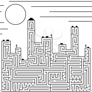 Abstract complex large isolated labyrinth in the shape of city buildings. Black color on a white background. An interesting game for children. Simple flat vector illustration.