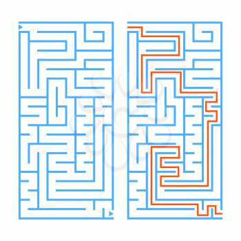 Abstract rectangular isolated labyrinth. Blue color on a white background. An interesting game for children and adults. Simple flat vector illustration. With the answer.