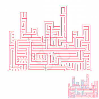 Abstract complex large isolated labyrinth in the shape of city buildings. Black color on a white background. An interesting game for children. Simple flat vector illustration.