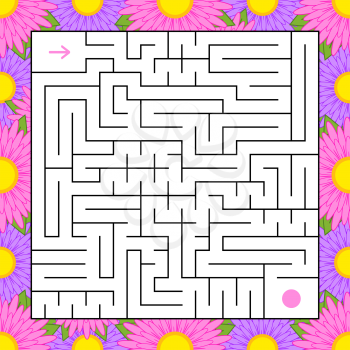 Abstract square isolated labyrinth. Black color on a white background with a floral frame. An interesting game for children and adults. Simple flat vector illustration.