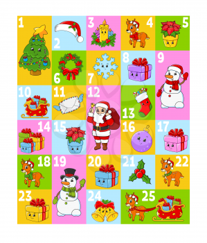 Christmas advent calendar with cute characters. Santa claus, deer, snowman, fir tree, snowflake, gift, bauble, sock. Cartoon style. With numbers 1 to 25. Vector illustration. Holiday preparation.