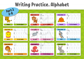 Writing letters. Set tracing page. Practice sheet. Worksheet for kids. Learn alphabet. Cute characters. Vector illustration. Cartoon style.