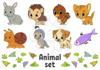Set of stickers with cute cartoon characters. Animal clipart. Hand drawn. Colorful pack. Vector illustration. Patch badges collection. Label design elements. For daily planner, organizer, diary.