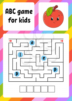 ABC maze for kids. Rectangle labyrinth. Activity worksheet. Puzzle for children. Cartoon style. Logical conundrum. Color vector illustration.