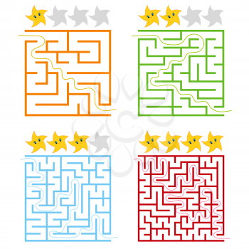 A set of square colored labyrinths with a rating of stars. Four levels of difficulty. Simple flat vector illustration isolated on white background.