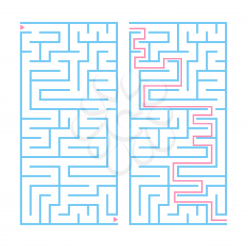 Rectangular color labyrinth with the answer. An interesting game for children and teenagers. Simple flat vector illustration isolated on white background.
