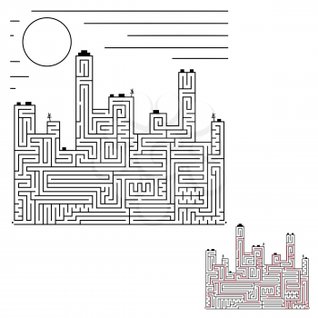 Abstract labyrinth. Silhouette of the city. An interesting game for children and adults. Simple flat vector illustration isolated on white background.