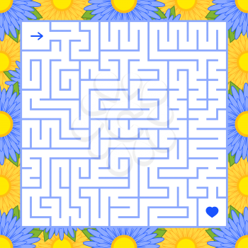 Abstract square isolated labyrinth. Blue color on a white background with a floral frame. An interesting game for children and adults. Simple flat vector illustration.