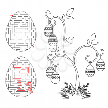 Abstract labyrinth in the form of an egg. Black Stroke. A game for children. With the answer. Easter tree. Simple flat vector illustration isolated on white background.