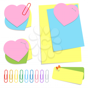 A set of colored office sticky sheets of different shapes, push pins and clips. Simple flat vector illustration isolated on white background.