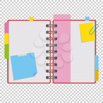 Color open notepad on rings with blank sheets and bookmarks between pages. A simple flat vector illustration isolated on a transparent background.