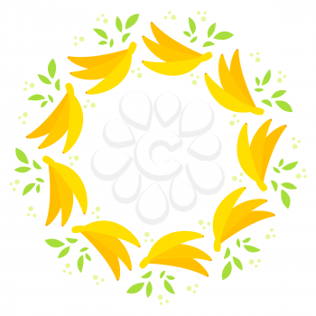 Round wreath of yellow appetizing bananas with green leaves Simple flat vector illustration.